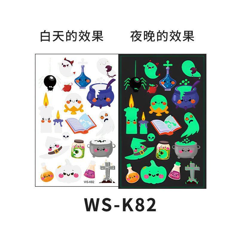 Cartoon Halloween glow-in-the-dark temporary tattoos, waterproof and sweat-resistant, long-lasting green stickers, glow-in-the-dark temporary tattoos for children's faces.