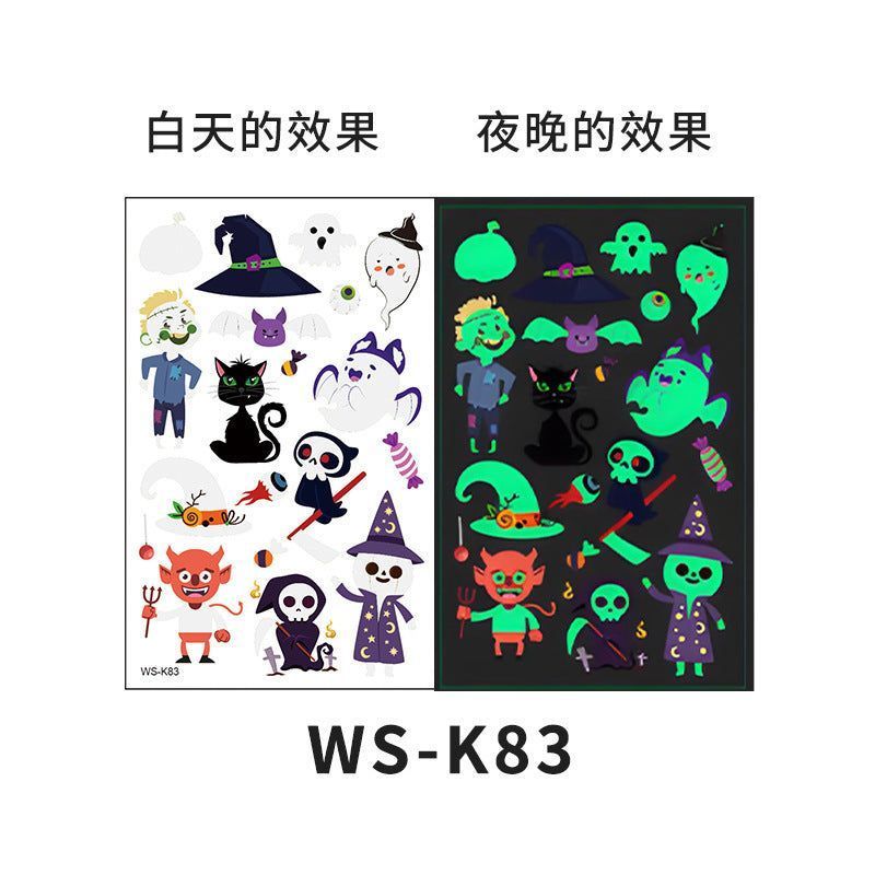 Cartoon Halloween glow-in-the-dark temporary tattoos, waterproof and sweat-resistant, long-lasting green stickers, glow-in-the-dark temporary tattoos for children's faces.