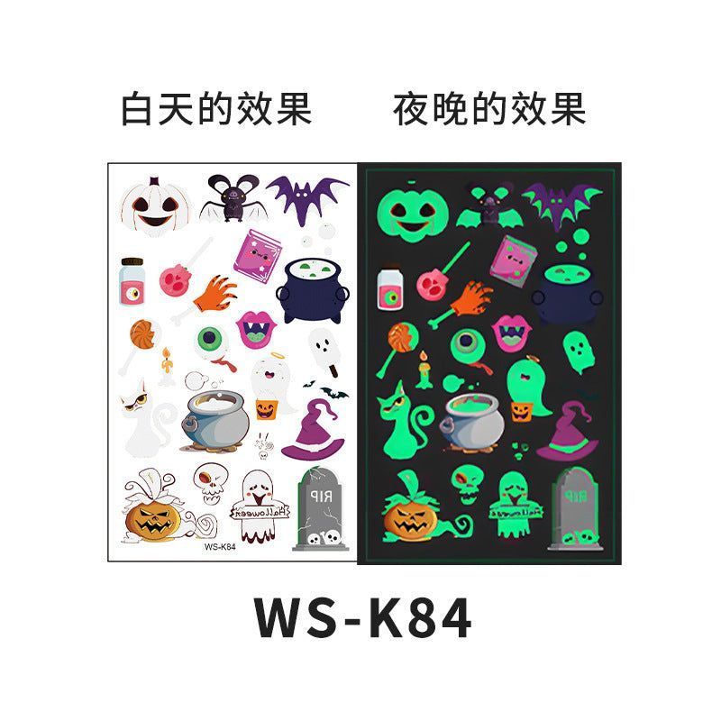 Cartoon Halloween glow-in-the-dark temporary tattoos, waterproof and sweat-resistant, long-lasting green stickers, glow-in-the-dark temporary tattoos for children's faces.