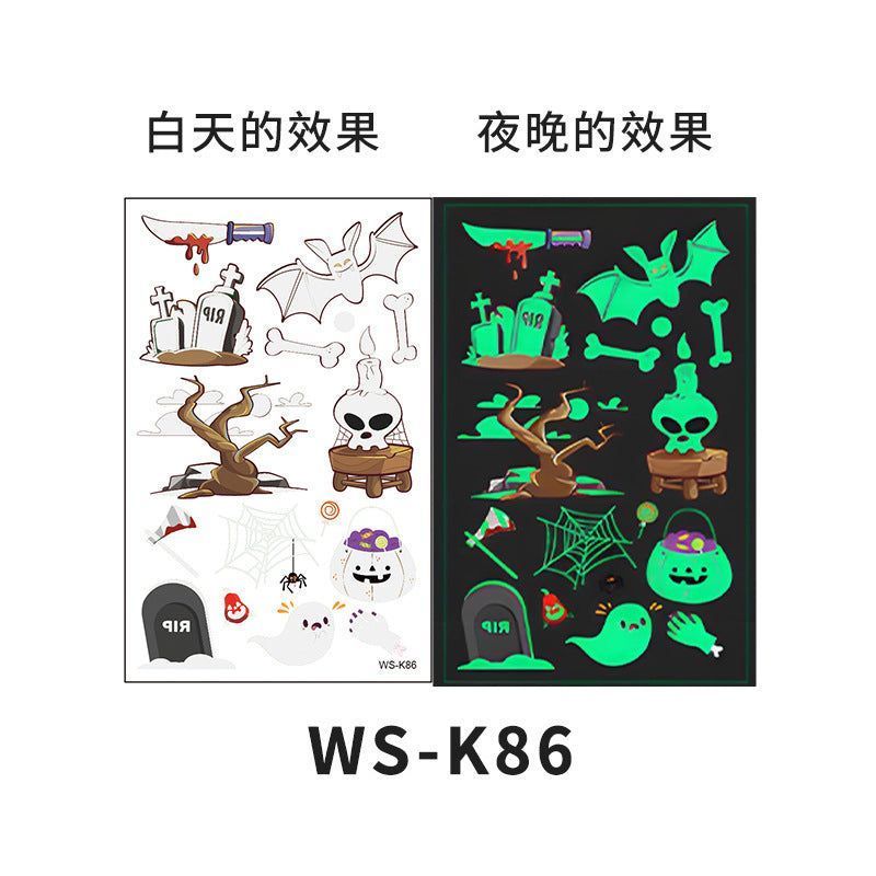 Cartoon Halloween glow-in-the-dark temporary tattoos, waterproof and sweat-resistant, long-lasting green stickers, glow-in-the-dark temporary tattoos for children's faces.