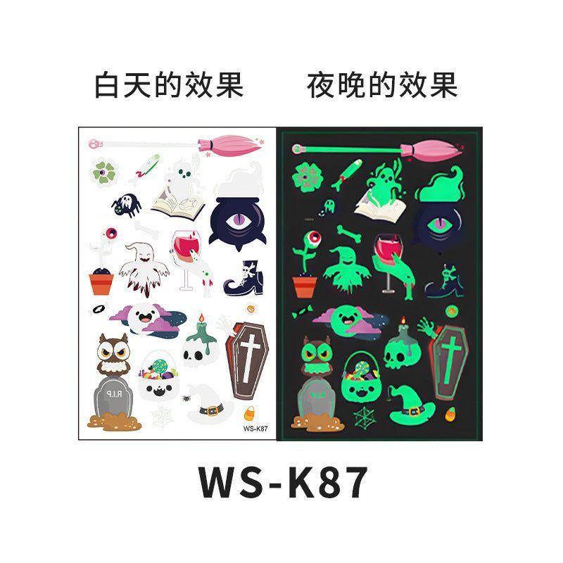 Cartoon Halloween glow-in-the-dark temporary tattoos, waterproof and sweat-resistant, long-lasting green stickers, glow-in-the-dark temporary tattoos for children's faces.