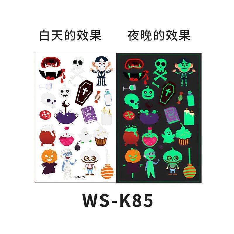 Cartoon Halloween glow-in-the-dark temporary tattoos, waterproof and sweat-resistant, long-lasting green stickers, glow-in-the-dark temporary tattoos for children's faces.