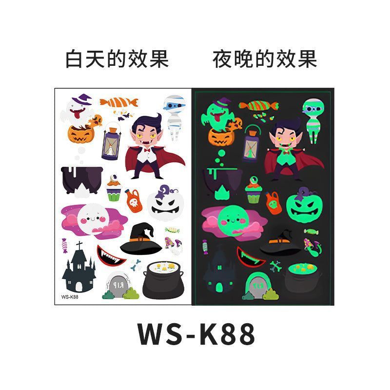 Cartoon Halloween glow-in-the-dark temporary tattoos, waterproof and sweat-resistant, long-lasting green stickers, glow-in-the-dark temporary tattoos for children's faces.