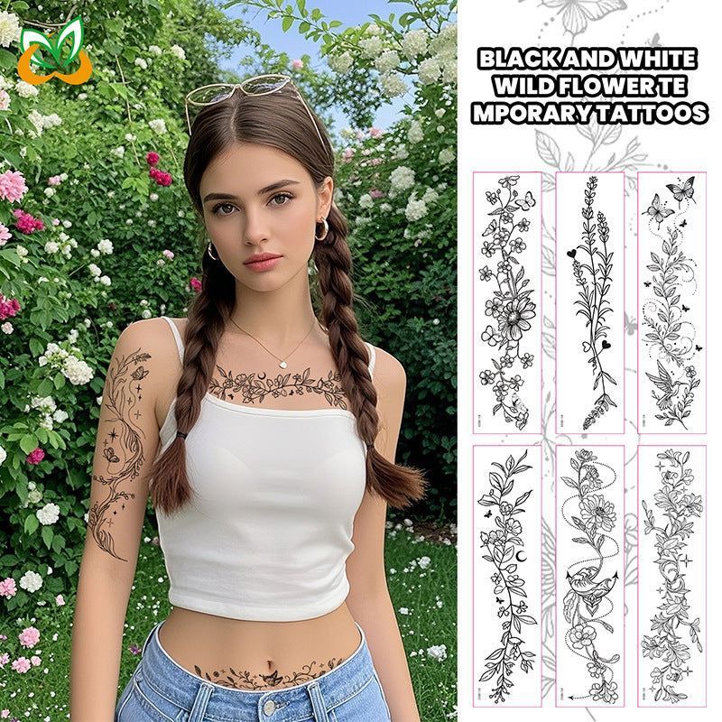 New style floral arm tattoo sticker Waterproof fashionable black and white wild floral tattoo sticker for collarbone and chest Fashion