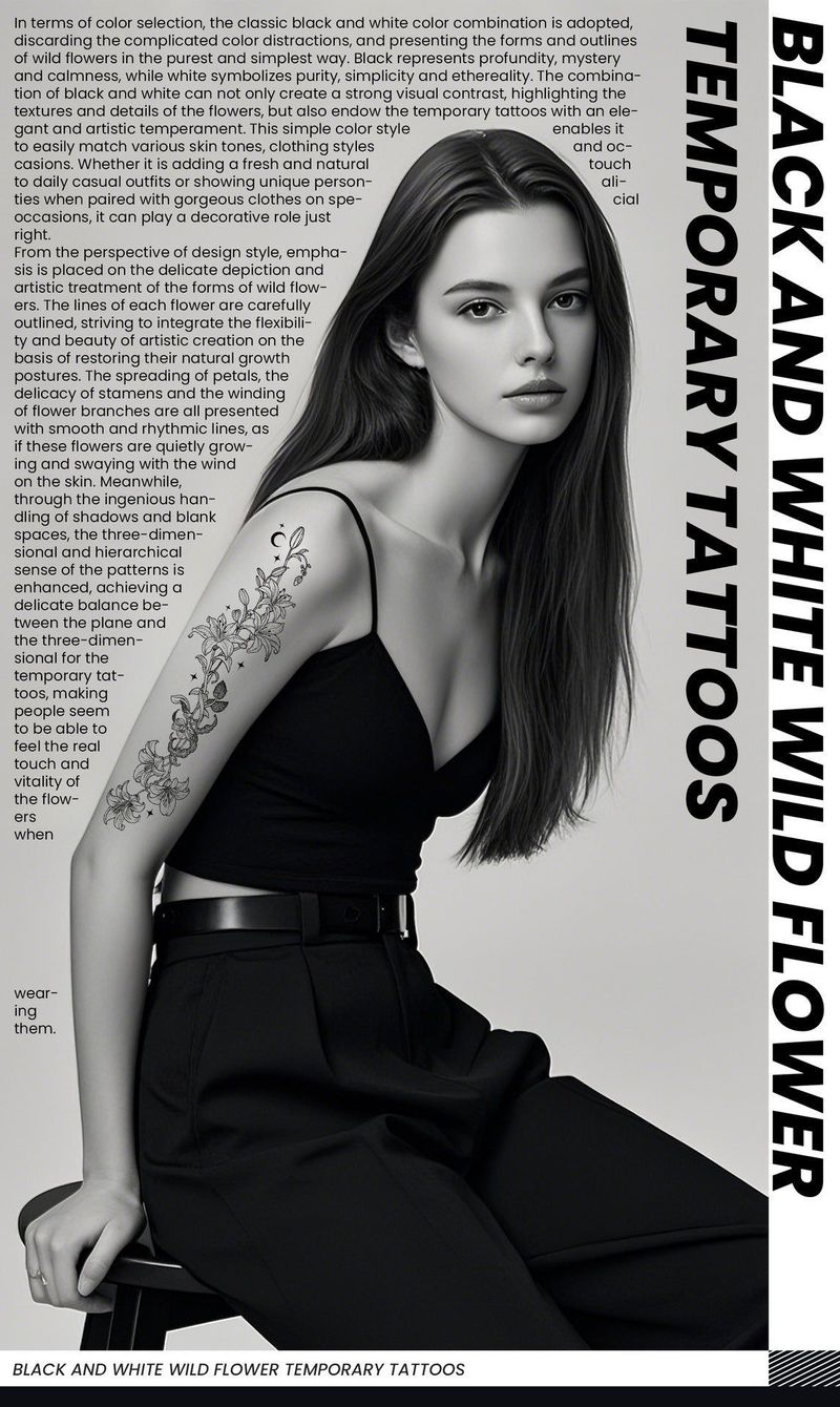 New style floral arm tattoo sticker Waterproof fashionable black and white wild floral tattoo sticker for collarbone and chest Fashion