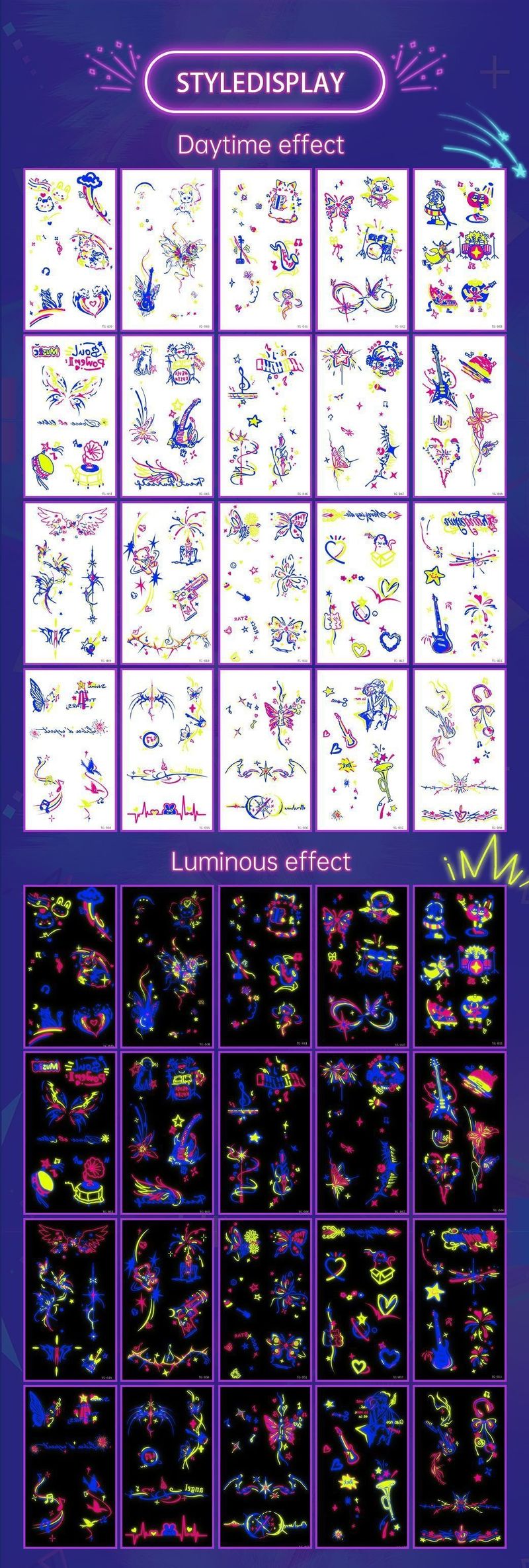 New Electric Syllable Advanced Sense Fluorescent Tattoo Sticker Waterproof Sweat Nightclub Ball Luminous Tattoo Sticker Night light