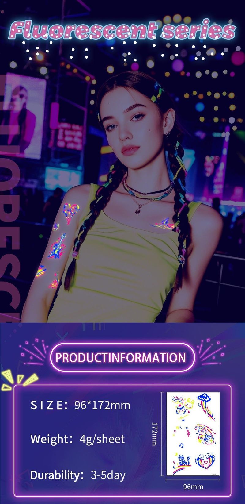 New Electric Syllable Advanced Sense Fluorescent Tattoo Sticker Waterproof Sweat Nightclub Ball Luminous Tattoo Sticker Night light