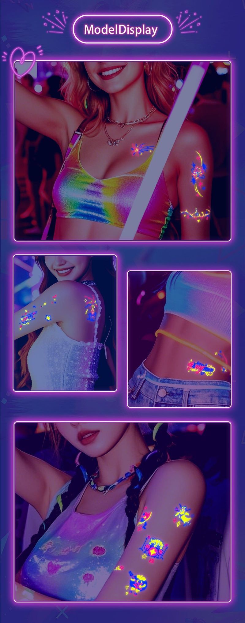 New Electric Syllable Advanced Sense Fluorescent Tattoo Sticker Waterproof Sweat Nightclub Ball Luminous Tattoo Sticker Night light