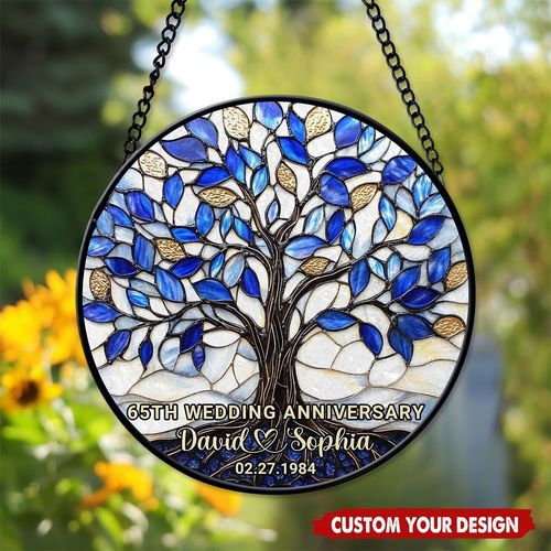 Personalized Tree of Life Stained Glass Suncatcher - Custom Names, Anniversary Years & Date Window Hanging Ornament, Unique Wedding Anniversary Gift for Couples, Parents
