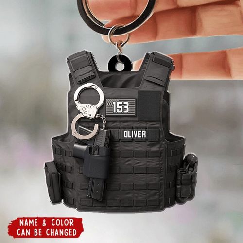 Personalized Police Bulletproof Vest Keychain - Custom Name & Number Acrylic Tactical