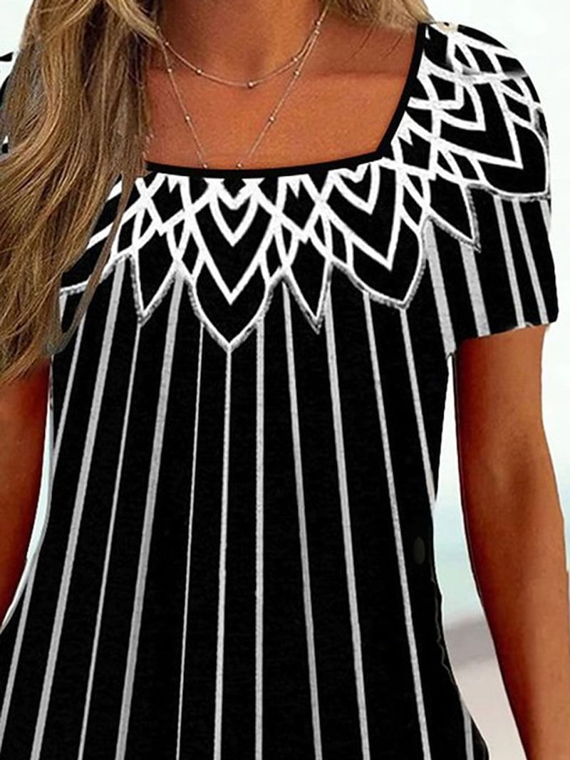 Women's T shirt Tee Black White Pink Floral Striped Print Short Sleeve Casual Holiday Tunic Basic Square Neck Regular Floral Plus Size L