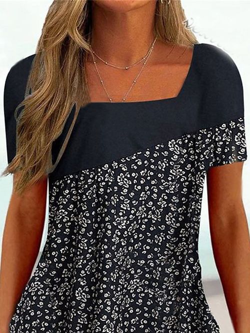 Women's T shirt Tee Black White Pink Floral Striped Print Short Sleeve Casual Holiday Tunic Basic Square Neck Regular Floral Plus Size L