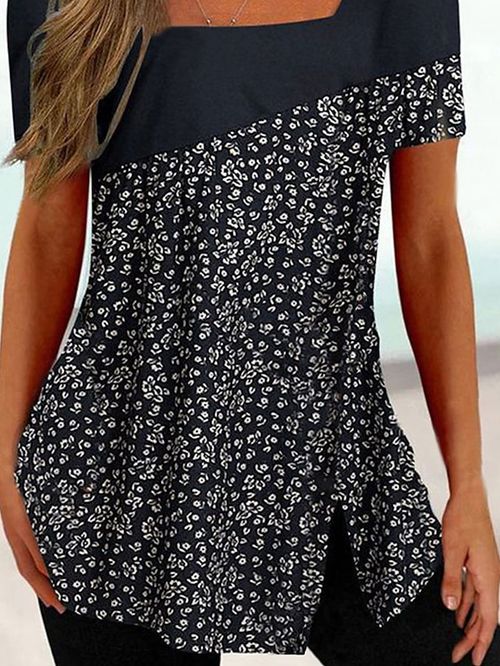 Women's T shirt Tee Black White Pink Floral Striped Print Short Sleeve Casual Holiday Tunic Basic Square Neck Regular Floral Plus Size L