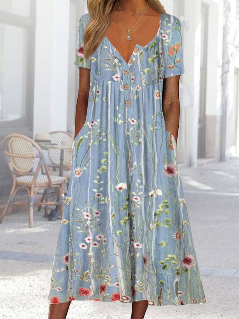 Gradient Flower Loose Long Dress Half Open Button Pocket Dress