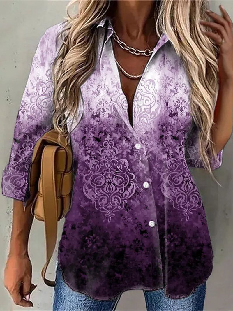 Women 3/4 Sleeve Shirt Collar Floral Printed Gradient Button Top Shirts