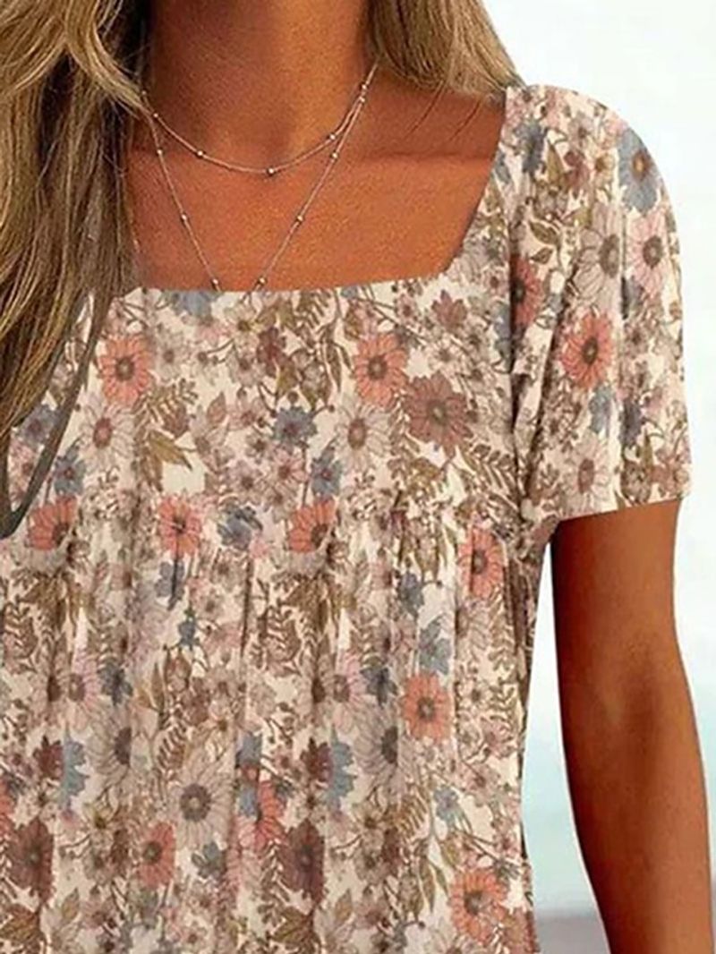 Women's T shirt Tee Black White Pink Floral Striped Print Short Sleeve Casual Holiday Tunic Basic Square Neck Regular Floral Plus Size L