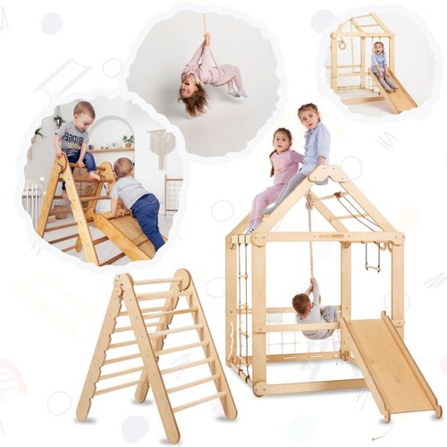 Indoor Wooden Playhouse with Triangle ladder. Slide Board and Swings