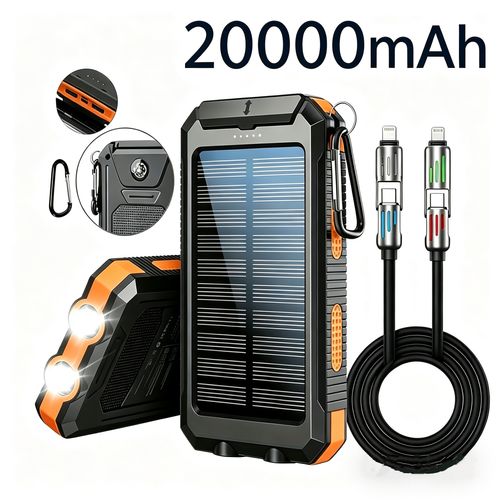 🏕️ 20000mAh Solar Power Bank External Battery Dual USB LED Light Compass 🎁 Free Rainbow Breathing Light Cable