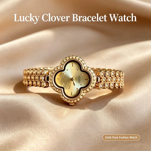 Vintage 4 Leaf Clover Gold Bracelet Watch, Lucky Ladies Quartz Watch, Gift For Her