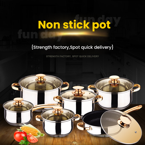 Home and Kitchen Luxury 12 Pieces Stainless Steel Gold Cooking Pot Set Pots and Pans Non-stick Cookware Sets