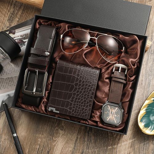 4-piece luxury fashion men's gift set sunglasses belt watch wallet set men's gift set