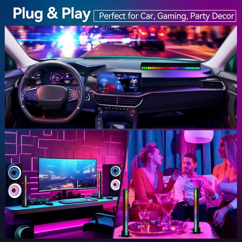 This smart RGB rhythm light strip features 32 LED beads to create a musical atmosphere, offers 18 colors and 8 dynamic modes, is battery-powered, and supports RGB voice control. Suitable for bedrooms, parties, gaming, and car décor.