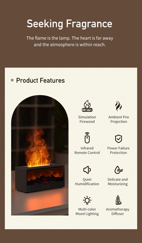 Simulated 3D fireplace flame aroma diffuser desktop home remote control fireplace flame humidifier seven-color ambient light