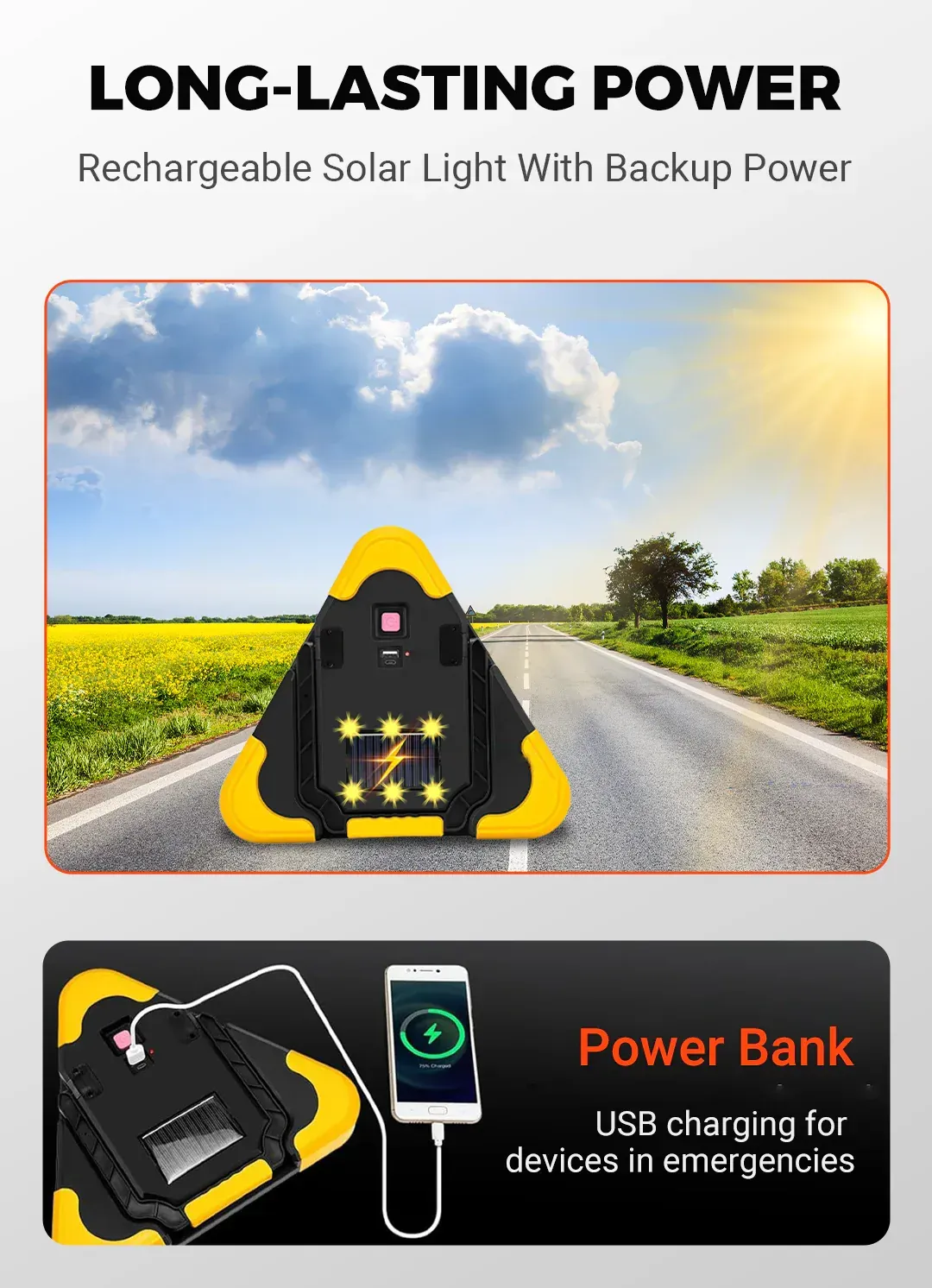 🔥New 2025 Arrival🔥 3-in-1 Solar-Powered Roadside Emergency Triangle Warning Light, Warning Light, Power Bank, Solar Charging