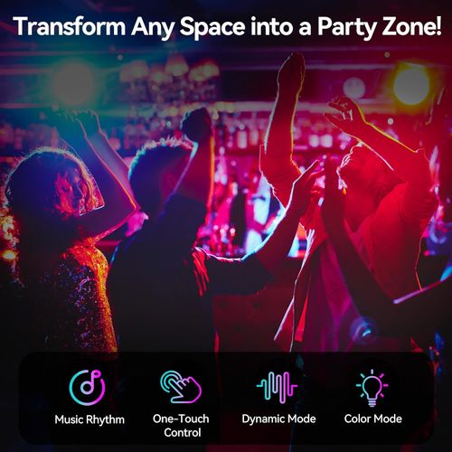 This smart RGB rhythm light strip features 32 LED beads to create a musical atmosphere, offers 18 colors and 8 dynamic modes, is battery-powered, and supports RGB voice control. Suitable for bedrooms, parties, gaming, and car décor.