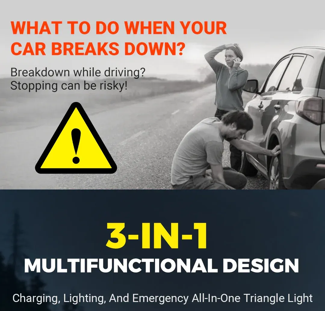 🔥New 2025 Arrival🔥 3-in-1 Solar-Powered Roadside Emergency Triangle Warning Light, Warning Light, Power Bank, Solar Charging