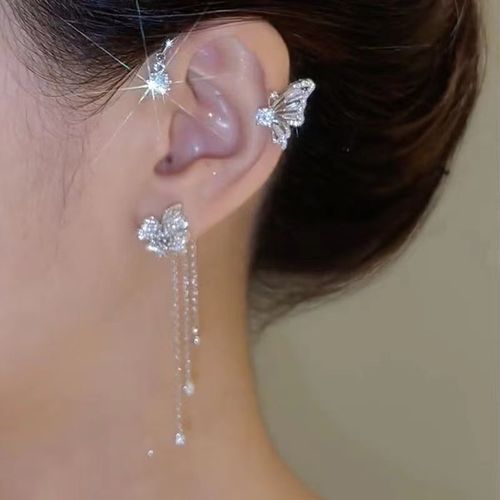 New long tassel ear hooks suitable for people without pierced ears. Super sparkly, unique fairy-like butterfly ear clips, luxurious diamond-encrusted earrings, two-pack.