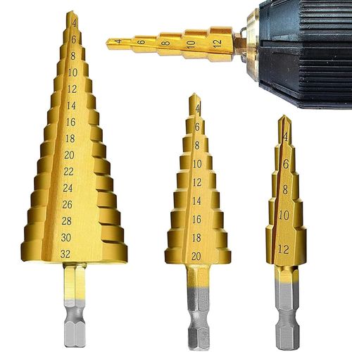 3 Pcs Straight Grooved Step Drill Bit Set, High Step Steel Titanium Drill Bits Set Power Tools 4-12 4-20 4-32mm Hex Shank Drive, HSS Cut Tool Set for Metal Wood Steel DIY Plastic