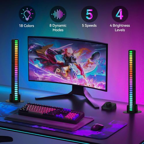 This smart RGB rhythm light strip features 32 LED beads to create a musical atmosphere, offers 18 colors and 8 dynamic modes, is battery-powered, and supports RGB voice control. Suitable for bedrooms, parties, gaming, and car décor.