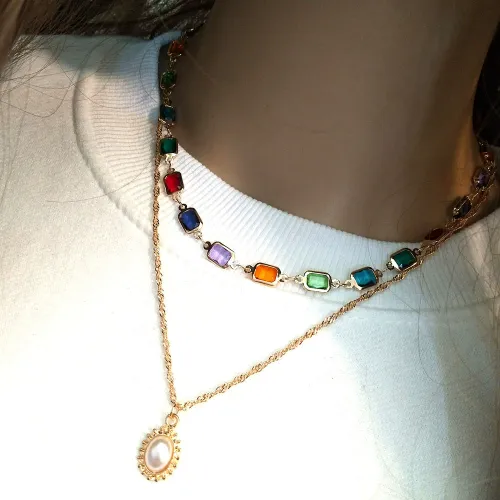 2025 new retro fashion simple collarbone necklace-square colorful diamond double necklace