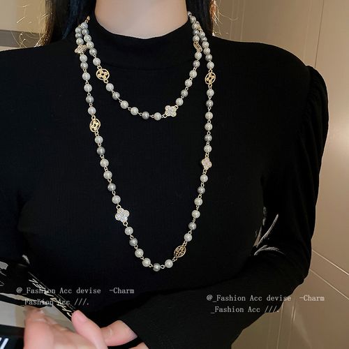 Drilling flowers pearl necklace long upgraded version, fashion temperament senior sense of personality light luxury and versatile