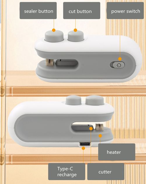 Two-in-one cutting and sealing, button-operated moisture-proof mini sealer with rechargeable function and long battery life.
