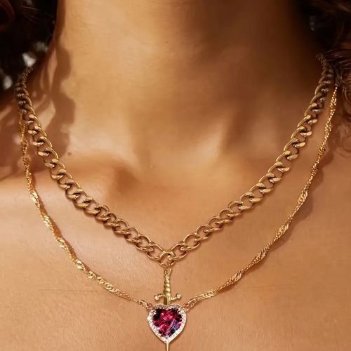 Creative Golden Heart Pierced by a Sword Necklace with Red Heart shaped Rhinestones Alloy Gold plated Craftsmanship 2 in 1 Design Light Luxury Style & Fashionable Versatility