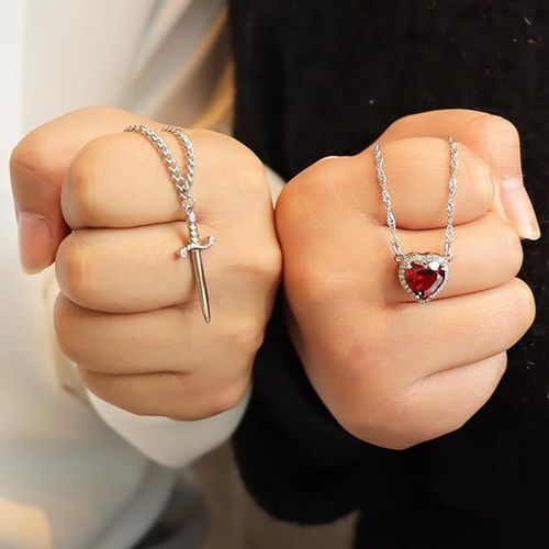 Creative Golden Heart Pierced by a Sword Necklace with Red Heart shaped Rhinestones Alloy Gold plated Craftsmanship 2 in 1 Design Light Luxury Style & Fashionable Versatility