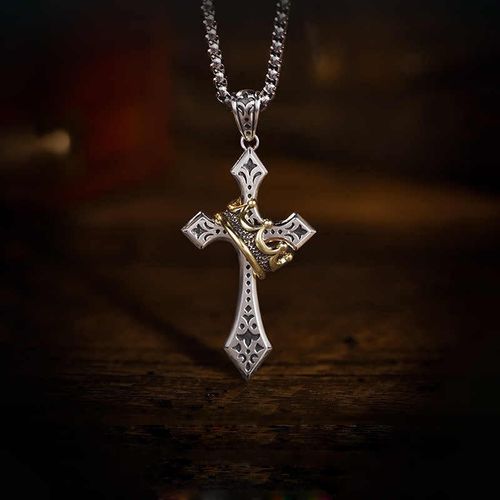 Men's Gold Crown Cross Necklace - Trendy, Unique, Retro Thai Silver Hip-Hop Pendant for Guys
