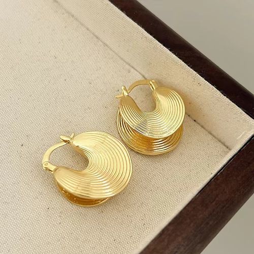 Exquisite Gold Fan-Shaped Arc-Designed Double-Layer Drop Earrings