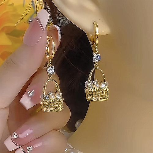 Women's Golden Pearl Zircon Flower Basket Huggie Earrings - Luxury, Fashionable, Elegant & Versatile