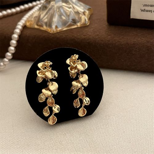 Golden Leaf Flower Tassel Drop Earrings - Delicate Dangle Jewelry