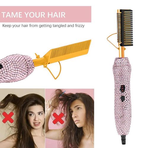 Sparkling Diamond-Trimmed Electric Hair Straightener Comb | One Comb for Smoothness, Fast Styling Tool for Curly Hair Straightening