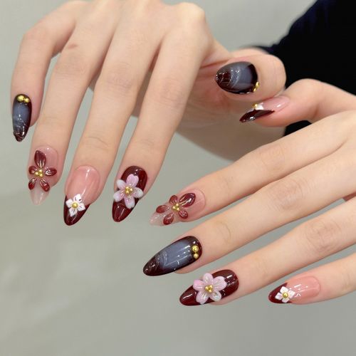 Almond-shaped nail tips with hand-carved patterns, 3D three-dimensional purple elegant nail art that can be worn directly.