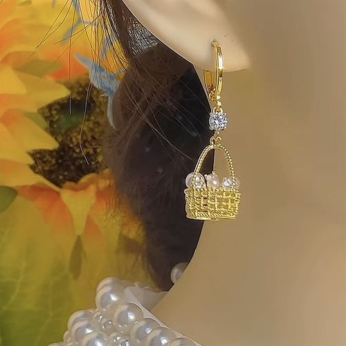 Women's Golden Pearl Zircon Flower Basket Huggie Earrings - Luxury, Fashionable, Elegant & Versatile