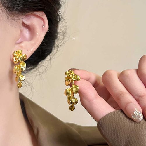 Golden Leaf Flower Tassel Drop Earrings - Delicate Dangle Jewelry