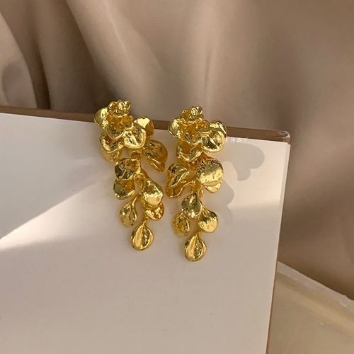 Golden Leaf Flower Tassel Drop Earrings - Delicate Dangle Jewelry