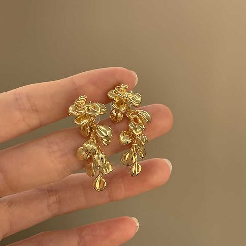 Golden Leaf Flower Tassel Drop Earrings - Delicate Dangle Jewelry