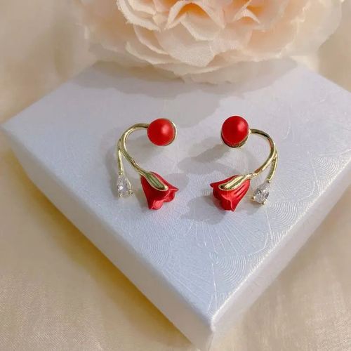 Longer Style Light Luxury Red Micro-Inlaid Zircon Tulip Flower & Pearl Drop Earrings