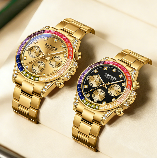 ⌚Shimmering Men's Business Fashion Rhinestone Decorated AnalogQuartz Watch Rainbow Crystal Chronograph Quartz Movement Luminous Date WaterResistant for Party Daily Wear Birthday